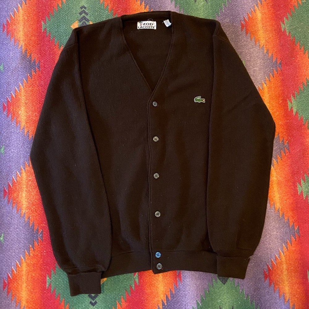 VINTAGE 70s LACOSTE CARDIGAN BUTTON UP SWEATER SIZE XL GOOD CONDITION BROWN